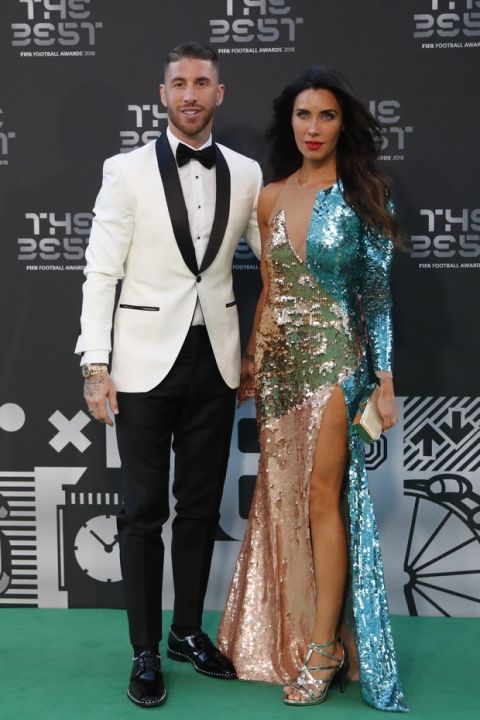 Spain's soccer player Sergio Ramos and his wife Pilar Rubio arrive for the ceremony of the Best FIFA Football Awards in the Royal Festival Hall in London, Britain, Monday, Sept. 24, 2018. (AP Photo/Frank Augstein)