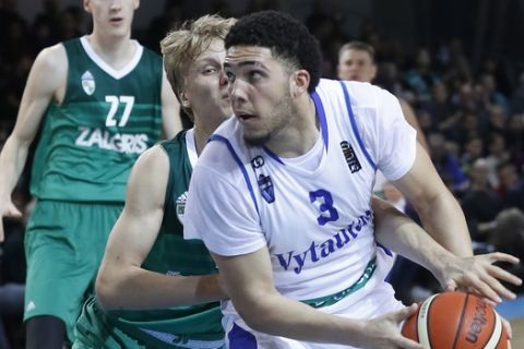 BC Prienu Vytautas's LiAngelo Ball in action during the Big Baller Brand Challenge friendly tournament match between BC Prienu Vytautas and BC Zalgiris-2 at the BC Prienai-Birstonas Vytautas arena, in Prienai, Lithuania, Tuesday, Jan. 9, 2018. LiAngelo Ball and LaMelo Ball, sons of former basketball player LaVar Ball, have signed a one-year contract and play their first match for Lithuanian professional basketball club Prienu Vytautas. (AP Photo/Liusjenas Kulbis)