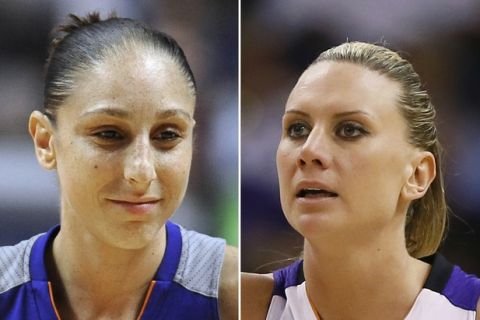 FILE - At left, in a Sept. 2, 2016, file photo, Phoenix Mercury's Diana Taurasi is shown during the second half of a WNBA basketball game in Uncasville, Conn. At right, in a Sept. 9, 2014, file photo, Phoenix Mercury forward Penny Taylor is shown during the second half of  Game 2 of the WNBA basketball finals against the Chicago Sky in Phoenix. Diana Taurasi has married former Phoenix Mercury teammate Penny Taylor, then played in the team's season opener less than 24 hours later. The couple married Saturday, May 13, 2017. (AP Photo/File)