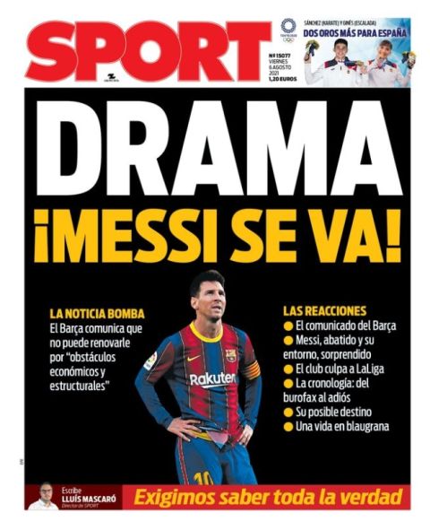 Το πρωτοσέλιδο της Diario Sport την επόμενη μέρα από το διαζύγιο του Μέσι με την Μπαρτσελόνα