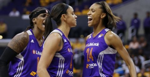 From left to right, Phoenix Mercury's Lynetta Kizer, Candice Dupree, DeWanna Bonner and Briana Gilbreath celebrate after Dupree scored against the Los Angeles Sparks during the second half in Game 1 of their WNBA basketball Western Conference semifinal series on Thursday, Sept. 19, 2013, in Los Angeles. The Mercury won 86-75. (AP Photo/Danny Moloshok)