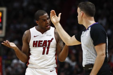 Miami Heat guard Dion Waiters (11) reacts to a foul in the first half of an NBA basketball game against the Philadelphia 76ers on Tuesday, April 9, 2019, in Miami. (AP Photo/Brynn Anderson)