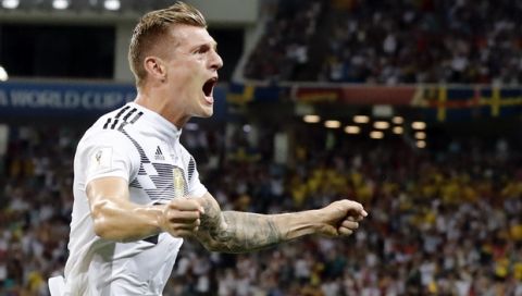 Germany's Toni Kroos celebrates after he scored his side's second goal during the group F match between Germany and Sweden at the 2018 soccer World Cup in the Fisht Stadium in Sochi, Russia, Saturday, June 23, 2018. (AP Photo/Frank Augstein)