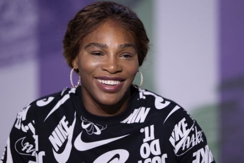 United States' Serena Williams smiles during a press conference ahead of the Wimbledon Tennis Championships in London Saturday, June 29, 2019. The Wimbledon Tennis Championships start on Monday, July 1 and run until Sunday, July 14, 2019. (Florian Eisele/Pool Photo via AP)