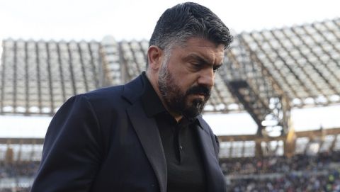 Napoli coach Gennaro Gattuso walk the pitch after the first half of the Italian Serie A soccer match between Napoli and Lecce at the San Paolo stadium in Naples, Italy, Sunday, Feb. 9, 2020. (Cafaro/LaPresse via AP)