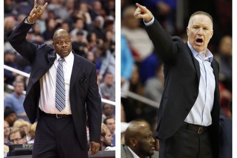 FILE - These file photos show Georgetown coach Patrick Ewing, left, on Nov. 12, 2017, and St. John's coach Chris Mullin on Dec. 31, 2017. In a throwback to their Big East days of the 1980s, Ewing and Mullin squared off as coaches of their alma maters when Georgetown played St. John's on Tuesday, Jan. 9, 2018. Ewing, a former Knicks great, is returning to Madison Square Garden for the first time as the Hoyas' coach. (AP Photos/File)