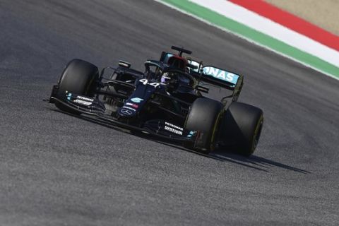 Mercedes driver Lewis Hamilton of Britain steers his car during Formula One Grand Prix of Tuscany, at the Mugello circuit in Scarperia, Italy, Sunday, Sept. 13, 2020. (Miguel Medina, Pool via AP)