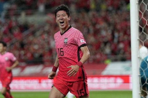 South Korea's Hwang Ui-jo celebrates after scoring the goal during their friendly soccer match between South Korea and Egypt at Seoul World Cup Stadium in Seoul, South Korea, Tuesday, June 14, 2022. (AP Photo/Lee Jin-man)