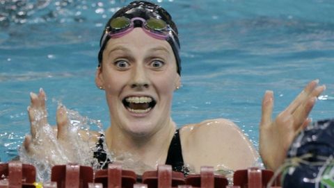 Missy Franklin reacts following the women's 200 yard backstroke finals at the Minnesota Grand Prix at the University of Minnesota Aquatic Center in Minneapolis on Sunday, Nov. 14, 2010. Franklin won with a time of 1:53.17. (AP Photo/Hannah Foslien)