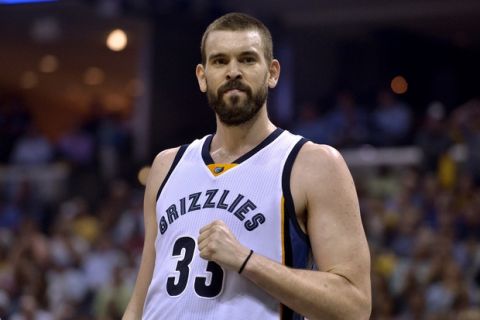 Memphis Grizzlies center Marc Gasol reacts during the second half of Game 3 in the team's NBA basketball first-round playoff series against the San Antonio Spurs on Thursday, April 20, 2017, in Memphis, Tenn. (AP Photo/Brandon Dill)