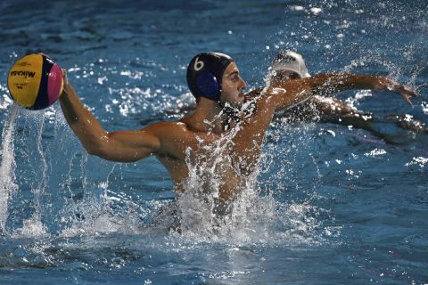 Giacomo Cannella of Italy in action during the Men's water polo quarterfinal match between Hungary and Italy at the 19th FINA World Championships in Budapest, Hungary, Wednesday, June 29, 2022. (AP Photo/Anna Szilagyi)