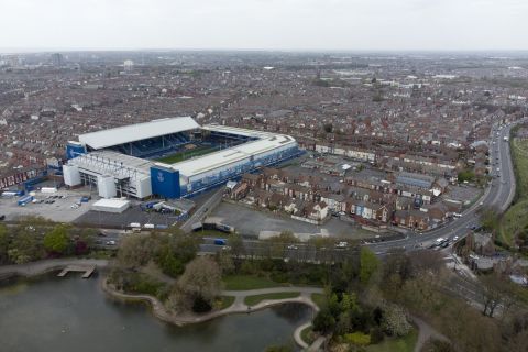 Everton's Goodison Park Stadium is seen after the collapse of English involvement in the proposed European Super League, Liverpool, England, Wednesday, April 21, 2021. Everton owner Farhad Moshiri earlier called on the Premier League to deduct points from the 'big six' clubs for their part in controversial proposals. (AP Photo/Jon Super)