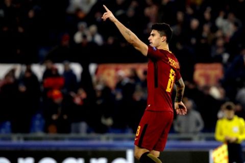 Roma's Diego Perotti celebrates after scoring his side's opening goal during the group C Champions League soccer match between Roma and Qarabag at the Stadio Olimpico in Rome, Italy, Tuesday, Dec. 5, 2017. (AP Photo/Alessandra Tarantino)