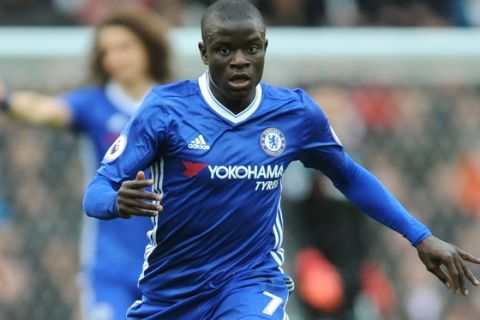 Chelseas Ngolo Kante during the English Premier League soccer match between Stoke City and Chelsea at the Britannia Stadium, Stoke on Trent, England, Saturday, March 18, 2017. (AP Photo/Rui Vieira)
