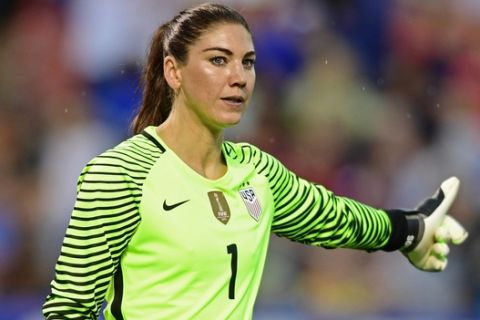 United States goal keeper Hope Solo gives a thumbs up before a corner kick during the second half of an international friendly soccer match against Japan, Sunday, June 5, 2016, in Cleveland, Ohio. The United States won 2-0. (AP Photo/David Dermer)