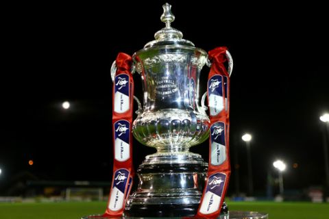 WARRINGTON, ENGLAND - NOVEMBER 07:  The Cup is displayed ahead of the FA Cup First Round match between Warrington Town and Exeter City at Cantilever Park on November 7, 2014 in Warrington, England.  (Photo by Jan Kruger/Getty Images)