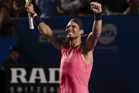 Spain's Rafael Nadal celebrates as he defeats Taylor Fritz of the U.S. in the men's final match at the Mexican Tennis Open in Acapulco, Mexico, Saturday, Feb. 29, 2020.(AP Photo/Rebecca Blackwell)