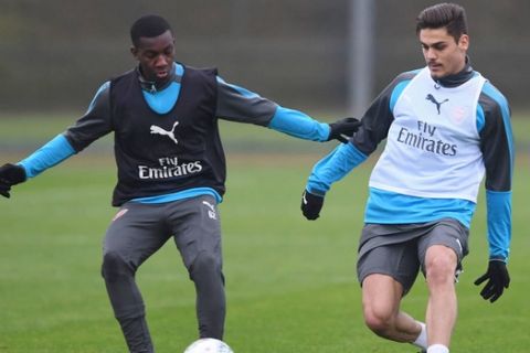 ST ALBANS, ENGLAND - JANUARY 09:  (L-R) Eddie Nketiah and Konstantinos Mavropano of Arsenal during a training session at London Colney on January 9, 2018 in St Albans, England.  (Photo by Stuart MacFarlane/Arsenal FC via Getty Images) *** Local Caption *** Eddie Nketiah;Konstantinos Mavropano