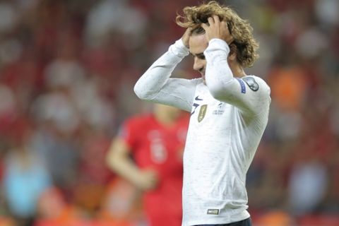 France's forward Antoine Griezmann reacts during the Euro 2020 Group H qualifying soccer match between Turkey and France in Konya, Turkey, Saturday June 8, 2019. (AP Photo)