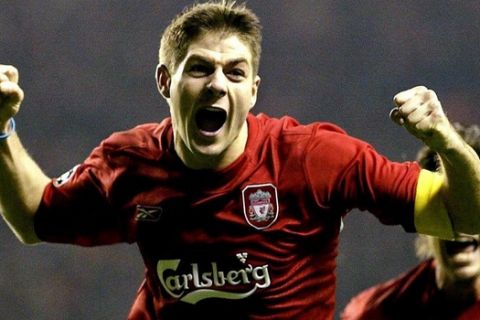 epa000326621 Liverpool's Steven Gerrard celebrates scoring the third goal against Olympiakos during the UEFA Champions League, Group A match at Anfield, Liverpool, Wednesday 08 December 2004.  EPA/PHIL NOBLE UK AND IRELAND OUT - NO WEBSITE/INTERNET USE