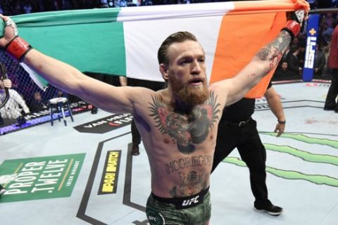 LAS VEGAS, NEVADA - JANUARY 18: Conor McGregor of Ireland celebrates after knocking out Donald Cerrone in their welterweight fight during the UFC 246 event at T-Mobile Arena on January 18, 2020 in Las Vegas, Nevada. (Photo by Jeff Bottari/Zuffa LLC)