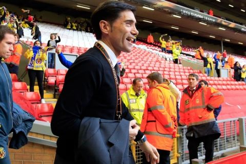 Villarreal coach Marcelino arrives for the Europa League semifinal, second leg, soccer match between Liverpool and  Villarreal at Anfield Stadium, Liverpool, England, Thursday May 5, 2016. (AP Photo/Jon Super)