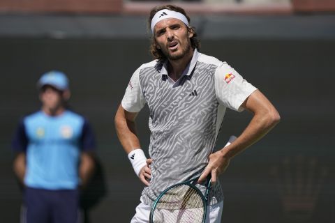 Stefanos Tsitsipas, of Greece, reacts after losing a point against Jiri Lehecka, of Czech Republic, during their match at the BNP Paribas Open tennis tournament Tuesday, March 12, 2024, in Indian Wells, Calif. (AP Photo/Mark J. Terrill)
