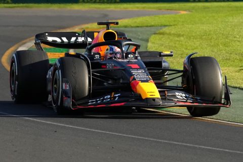 Red Bull driver Max Verstappen of Netherlands races through a corner during the Australian Formula One Grand Prix at Albert Park in Melbourne, Sunday, April 2, 2023. (AP Photo/Scott Barbour)