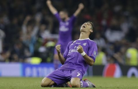 Real Madrid's Cristiano Ronaldo celebrates at the end of the Champions League final soccer match between Juventus and Real Madrid at the Millennium Stadium in Cardiff, Wales, Saturday June 3, 2017. Real Madrid won 4-1. (AP Photo/Tim Ireland)