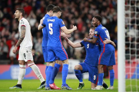 Ο Χάρι Κέιν πανηγυρίζει γκολ με την Αγγλία κόντρα στην Αλβανία για τα προκριματικά του Παγκοσμίου Κυπέλλου | 12 Νοεμβρίου 2021