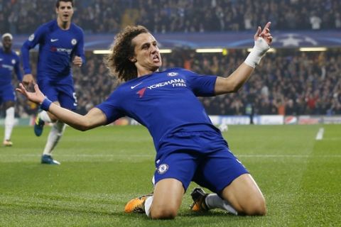 Chelsea's David Luiz celebrates after scoring during the Champions League group C soccer match between Chelsea and Roma at Stamford Bridge stadium in London, Wednesday, Oct. 18, 2017. (AP Photo/Frank Augstein)