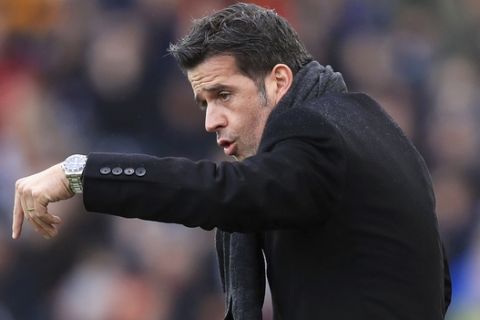 Hull City manager Marco Silva gestures during their English Premier League soccer match between Hull City and Burnley at the KCOM Stadium, Hull, England, Saturday, Feb. 25, 2017.  (Mike Egerton/PA via AP)