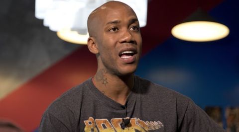 Former NBA All-Star Stephon Marbury speaks during an interview at a micro-museum of him in Beijing, China, Thursday, April 27, 2017.  Marbury's agent said Tuesday, April 25, 2017 that they are in talks with several clubs in China after the former NBA All-Star parted ways with the Chinese Basketball Association's Beijing Ducks at the weekend. Marbury, 40, helped the Beijing Ducks secure three CBA championship titles after joining the team in 2011 following a roller-coaster NBA career. (AP Photo/Ng Han Guan)