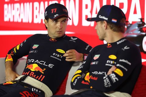 BAHRAIN, BAHRAIN - MARCH 05: Race winner Max Verstappen of the Netherlands and Oracle Red Bull Racing and Second placed Sergio Perez of Mexico and Oracle Red Bull Racing attend the press conference after the F1 Grand Prix of Bahrain at Bahrain International Circuit on March 05, 2023 in Bahrain, Bahrain. (Photo by Lars Baron/Getty Images)