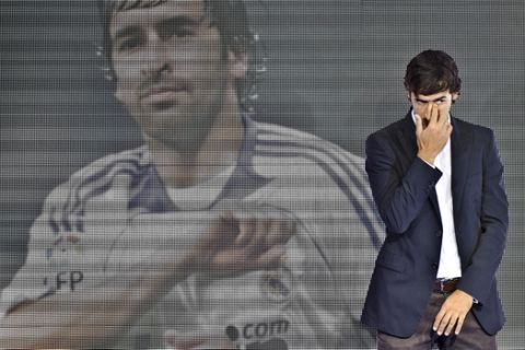 Striker Raul Gonzalez stands during a goodbye ceremony at the Santiago Bernabeu stadium in Madrid, Monday, July 26, 2010. Raul made his Real Madrid debut as a 17-year-old in 1994 and spent his entire career at the club, a span that includes three Champions League triumphs, six Spanish league titles and two Intercontinental Cups. (AP Photo/Daniel Ochoa de Olza)