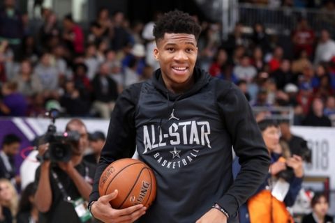 LOS ANGELES, CA - FEBRUARY 17: Giannis Antetokounmpo #34 of Team Stephen participates in the NBA All-Star practice as part of the 2018 NBA All-Star Weekend on February 17, 2018 at the Verizon Up Arena at the LACC in Los Angeles, California. NOTE TO USER: User expressly acknowledges and agrees that, by downloading and/or using this photograph, user is consenting to the terms and conditions of the Getty Images License Agreement.  Mandatory Copyright Notice: Copyright 2018 NBAE (Photo by Nathaniel S. Butler/NBAE via Getty Images)