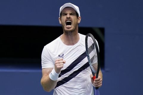 Andy Murray, of Great Britain, reacts after winning a point against Yoshihito Nishioka, of Japan, during the first round of the US Open tennis championships, Tuesday, Sept. 1, 2020, in New York. (AP Photo/Seth Wenig)