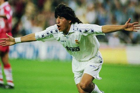 Real Madrid's Chilean striker Ivan Zamorano celebrates after scoring his team's first goal against Compostela during a first division soccer match in Madrid Sunday October 8, 1995.  Real won the match 2-1 ending a losing streak. (AP PHOTO/Denis Doyle)