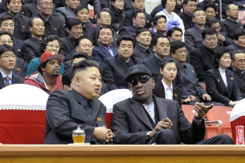 March 1, 2013. This photo released by North Korea's official Korean Central News Agency (KCNA) on March 1, 2013 shows North Korean leader Kim Jong-Un (front L) and former NBA star Dennis Rodman (front R) speaking at a basketball game in Pyongyang. 