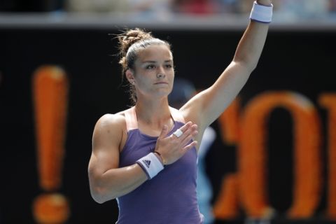 Greece's Maria Sakkari celebrates after defeating Madison Keys of the U.S. in their third round singles match at the Australian Open tennis championship in Melbourne, Australia, Friday, Jan. 24, 2020. (AP Photo/Andy Wong)