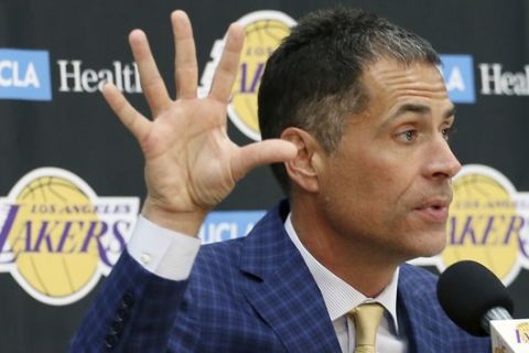 Los Angeles Lakers general manager Rob Pelinka talks about the acquisition of LeBron James and other free agents at a news conference at the NBA basketball team's headquarters in El Segundo, Calif., Wednesday, July 11, 2018. (AP Photo/Reed Saxon)