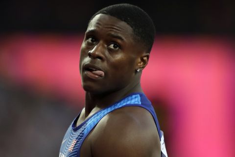 United States' Christian Coleman reacts after completing a Men's 100 meters heat during the World Athletics Championships in London Friday, Aug. 4, 2017. (AP Photo/Tim Ireland)