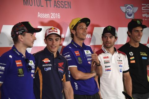 ASSEN, NETHERLANDS - JUNE 23: The   MotoGP riders pose during the press conference pre-event during the MotoGP Netherlands - Preview at  on June 23, 2016 in Assen, Netherlands.  (Photo by Mirco Lazzari gp/Getty Images)