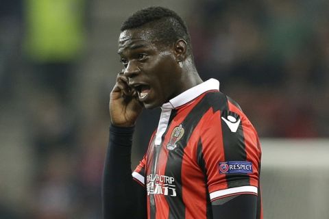 FILE- In this Thursday, Nov. 3, 2016 file photo, Nice's forward Mario Balotelli, of Italy, reacts during the Europa League group I soccer match between OGC Nice and FC Salzburg, in Nice stadium, southeastern France. Nice striker Mario Balotellis teammate Alassane Pleas has confirmed he heard Bastia supporters racially abusing Balotelli with monkey chants during the league match on Friday, Jan. 20, 2017. (AP Photo/Claude Paris, File)