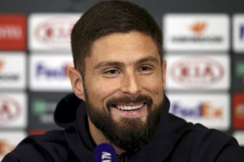 Chelsea's Olivier Giroud attends a press conference at Cobham Training Centre, Stoke D'Abernon, Wednesday, Nov. 28, 2018. Chelsea play PAOK in an Europa League group stage soccer match on Thursday. (John Walton/PA via AP)