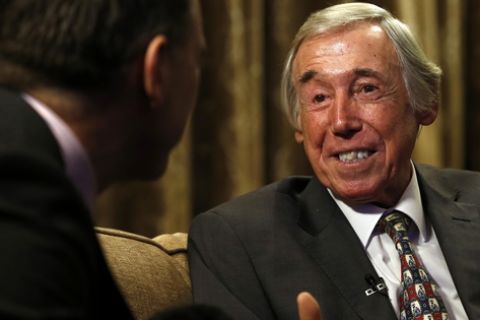 Gordon Banks, one of four members of the England 1966 World Cup winning side, talks to the media at the Royal garden Hotel in London Tuesday, Jan. 5, 2016. (AP Photo/Alastair Grant)