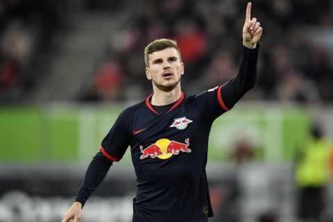 Leipzig's Timo Werner celebrates after scoring a penalty during the German Bundesliga soccer match between Fortuna Duesseldorf and RB Leipzig in Duesseldorf, Germany, Saturday, Dec. 14, 2019. (AP Photo/Martin Meissner)