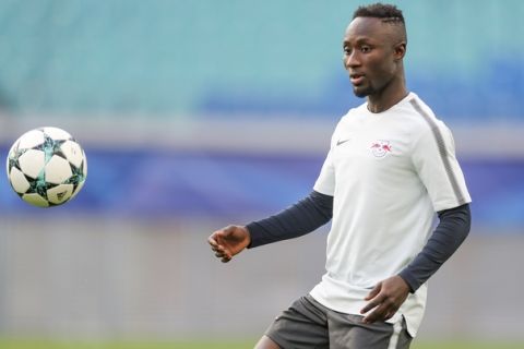 RB Leipzig's Naby Deco Keita attends a practice session of the squad in Leipzig, Germany, Monday, Oct. 16, 2017. RB Leipzig will face FC Porto in a group G Champions League soccer match on Tuesday. (Jan Woitas/dpa via AP)