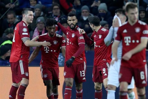 Οι παίκτες της Μπάγερν πανηγυρίζουν γκολ κόντρα στην Ζάλτσμπουργκ για τη φάση των 16 του Champions League 2021-2022 στη "Ρεντ Μπουλ Αρένα", Ζάλτσμπουργκ | Τετάρτη 16 Φεβρουαρίου 2022