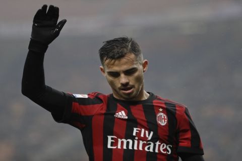 AC Milan's Suso gestures during a Serie A soccer match between AC Milan and Crotone, at the San Siro stadium in Milan, Italy, Saturday, Jan. 6, 2018. (AP Photo/Luca Bruno)